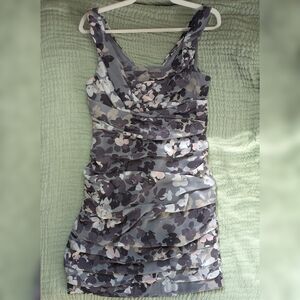 Express Ruched Chiffon Floral Mini Dress in Gray, Black, White & Pink - Size 10